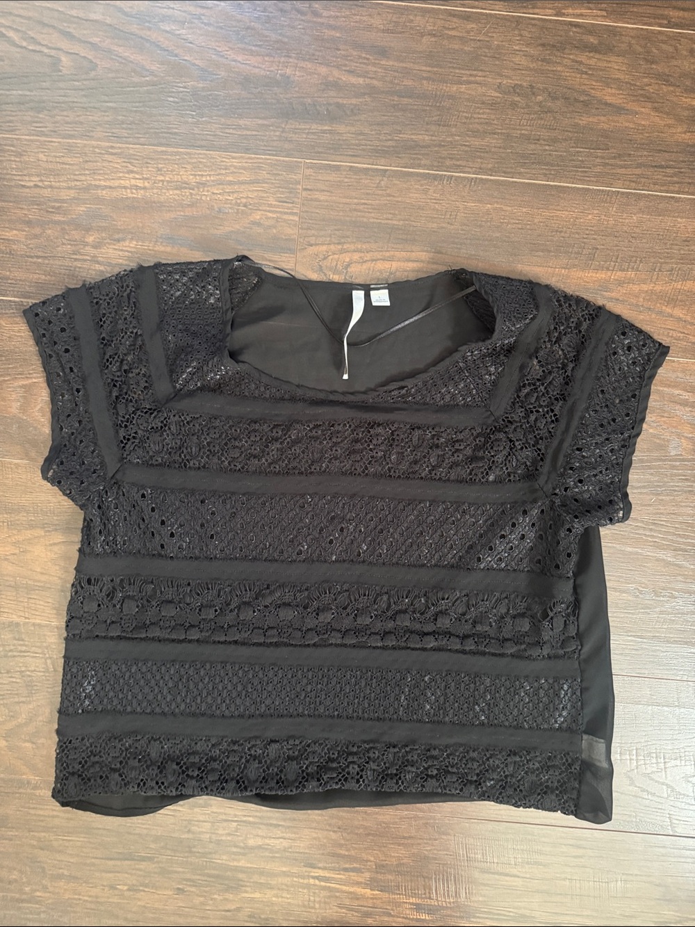 LC Lauren Conrad Black Lace & Crochet Short Sleeve Blouse